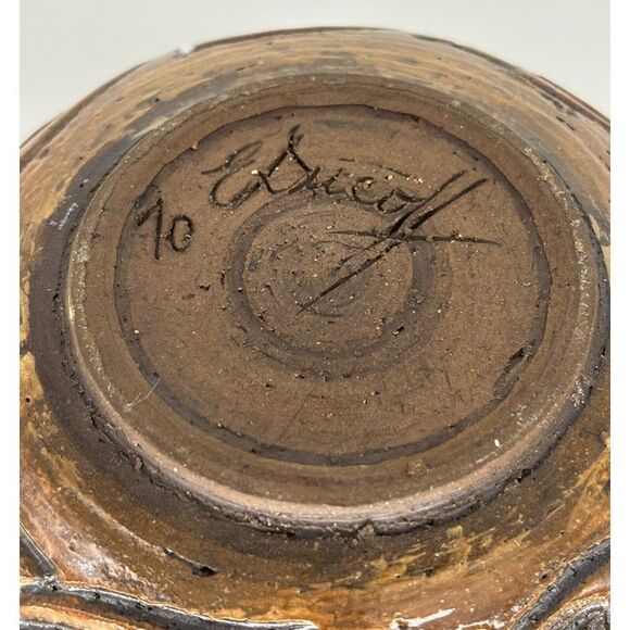 Vintage Stoneware Art Pottery Bowl Tan Brown Swirl Abstract Glazed Signed - Picture 7 of 9